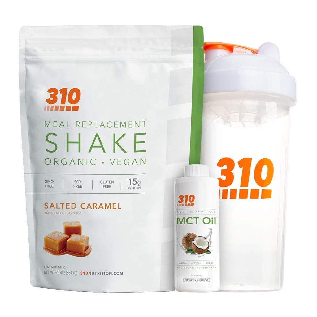 Vegan Organic Plant Protein Powder and Meal Replacement Shake With Shaker Cup and 2 Oz MCT Oil - By 310 Nutrition - Gluten, Dairy and Soy Free - 0g of Sugar ← Keto y Paleo Friendly (Salted Caramel)
