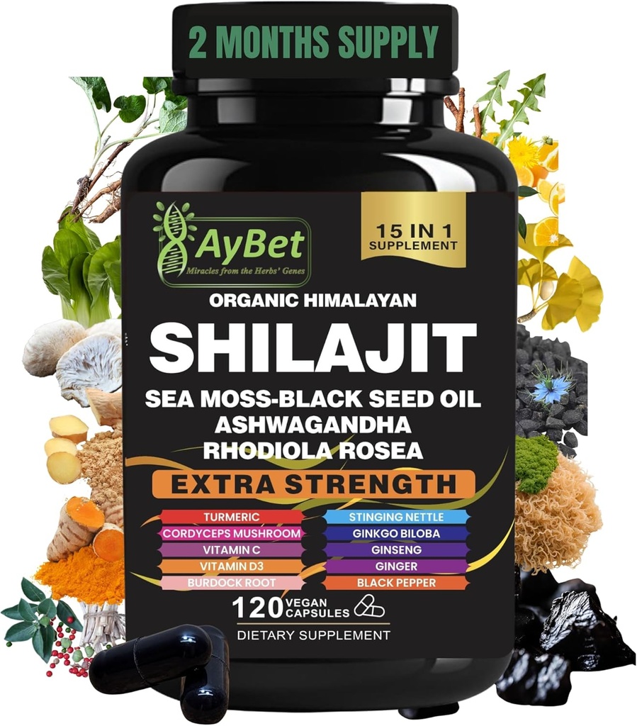 Shilajit para Hombres y Mujeres-Organic Himalayan Shilajit Capsules con Moss Mar, Aceite de Semillas Negras, Ashwagandha, Rhodiola Rosea, Burdock, Cordyceps Mushroom, Ginseng, Turmeric, Ginger, 120 cápsulas