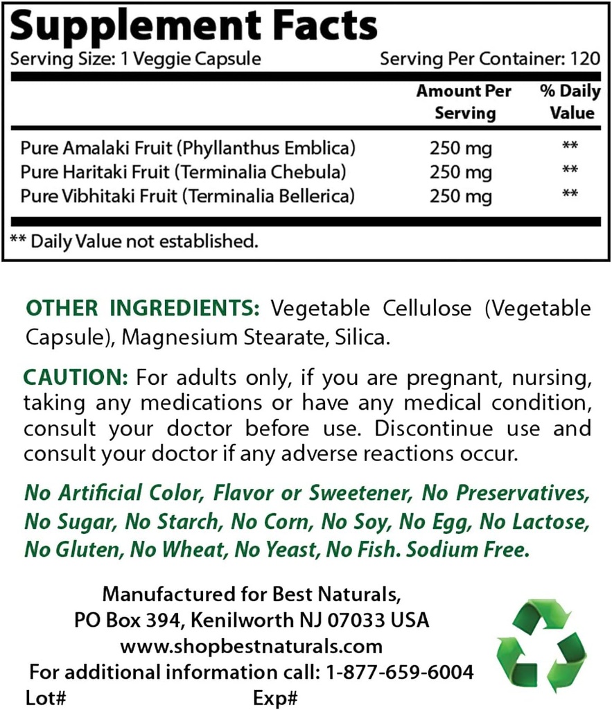 Mejores Naturales Triphala 750 mg " Probiótico 10 Strains " 30 Billones CFU