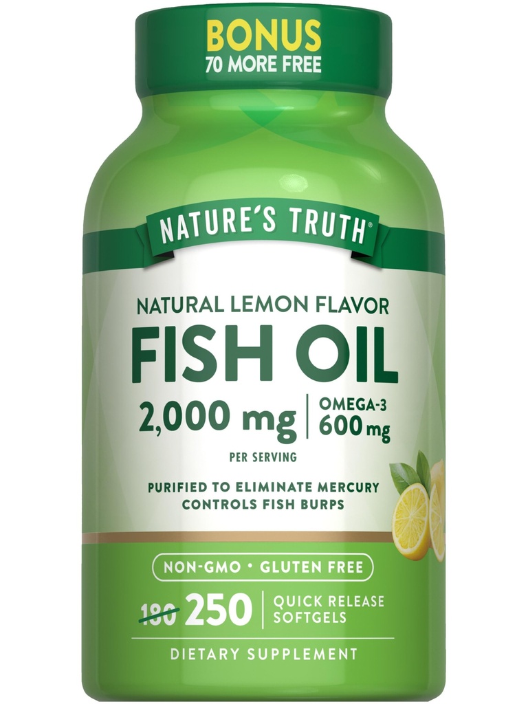 La verdad de la naturaleza Fish Oil 2000 mg tención 600 mg Omega 3  250 Softgels ← Natural Lemon Flavor ← Non-GMO y Gluten Free Supplement