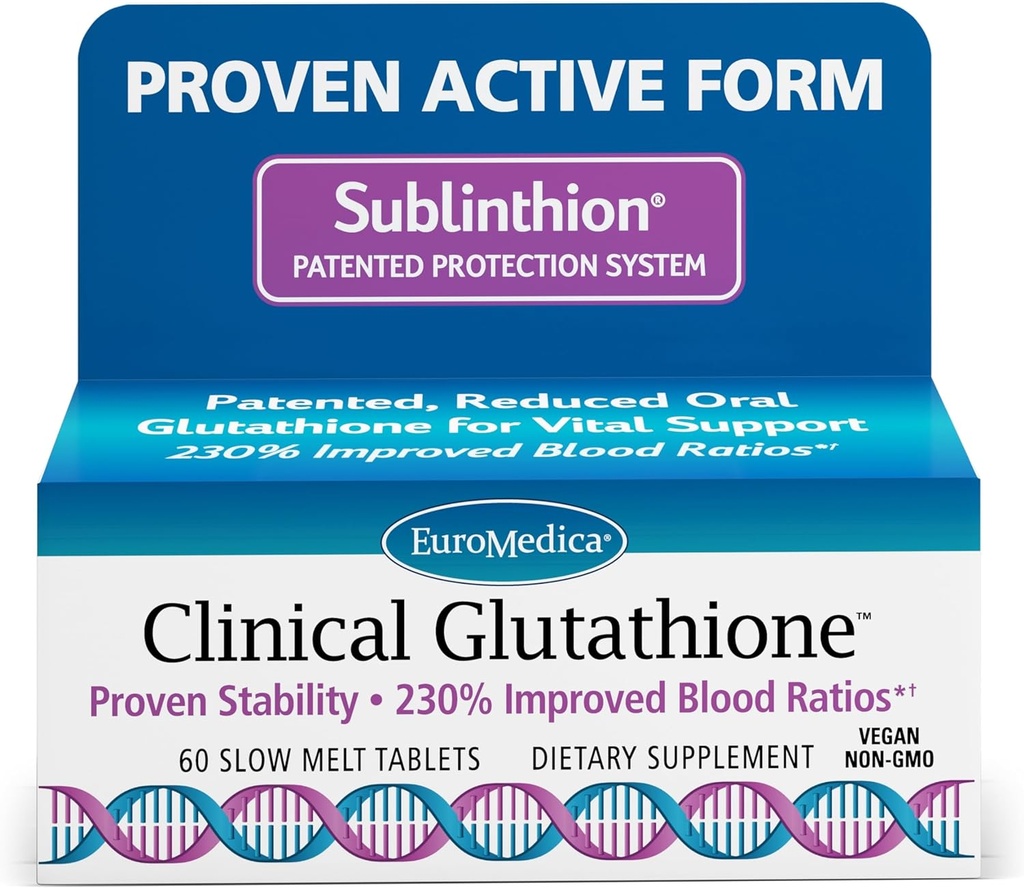 EuroMedica Clinical Glutathione - Antioxidant for High Absorption - Dietary Supplement with L-Glutathione - Vegan Supplement to Support Cell Health - 60 Slow Melt Tablets