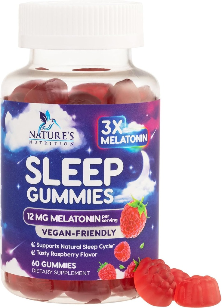 Gummies de sueño para adultos fuerza extra - 12 mg Melatonina suplemento de goma de sueño, Melatonina Gummy para el suplemento ocasional de apoyo al sueño, Vegan, No GMO, Gluten Gratis, Gomitas para Dormir, 60 Gummies