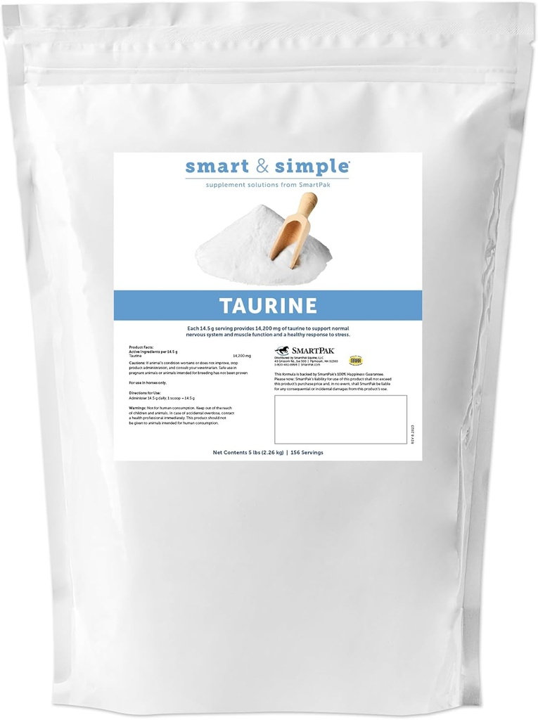 Smart &amp; Simple Taurine Powder Silenciosos Suplementos de Caballos TEN 14,200 mg de Taurine para Caballos Silenciosos Muscles Estructura externa e interna Silencioso Apoyo a una calma Demeanor TEN 156 Servimientos TEN 5 lb