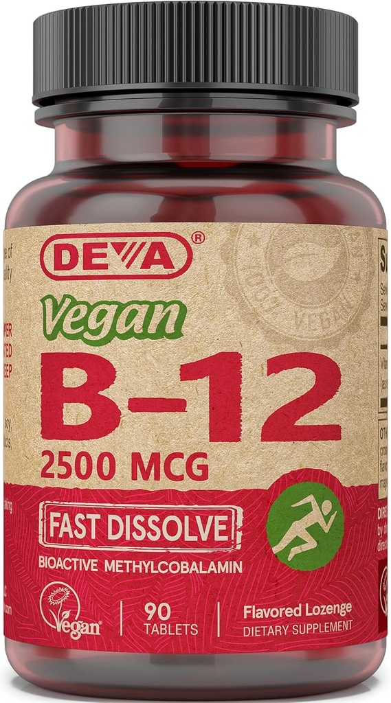 Deva Vitaminas Veganas B-12, Alta Potencia 2500 mcg B12, Dissolve rápido, sublingual, 90 Tabletas (Pack of 3)
