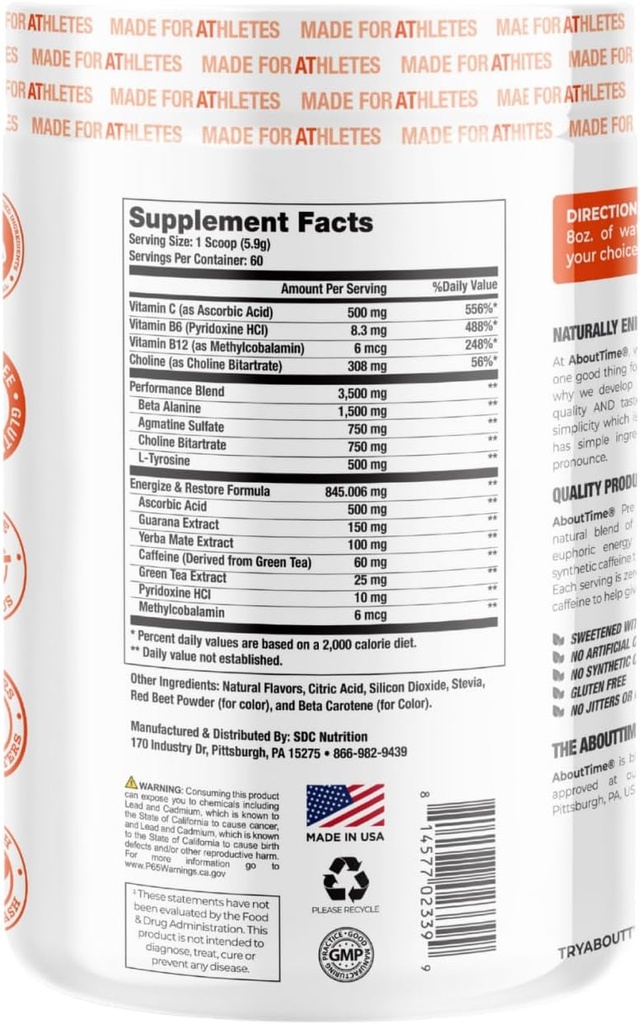 Acerca del tiempo Pre Workout Energy + Focus, Passion Fruit ← 60mg Caffeine from Green Tea, Natural Flavors, No Jitters or Crashes, No Stim, Gluten Free, Sugar Free, 60 Servings