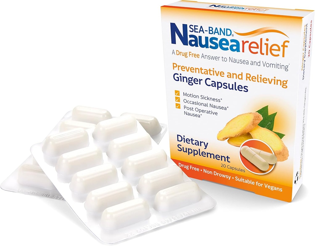 Sea-Band Anti-Nausea Ginger Capsules for Motion Sickness and Nausea Relief