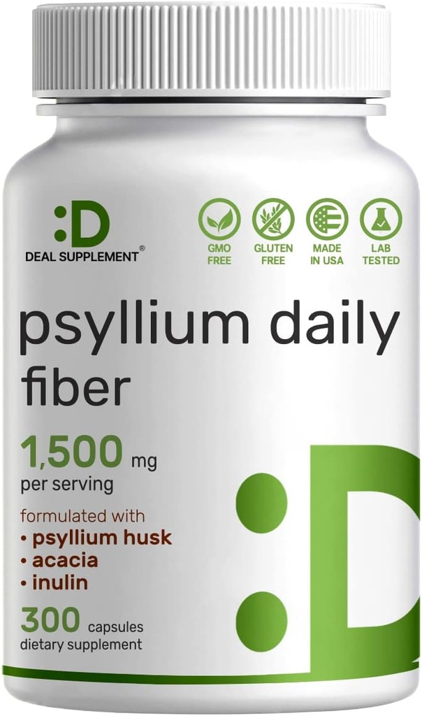 Psyllium Husk 1500mg Por Serving, 300 cápsulas – 3 en 1 Suplemento de fibra con Complejo Inulin & Acacia – Fibra Soluble Natural, soporta Salud Digestiva – Planta Basada, No GMO