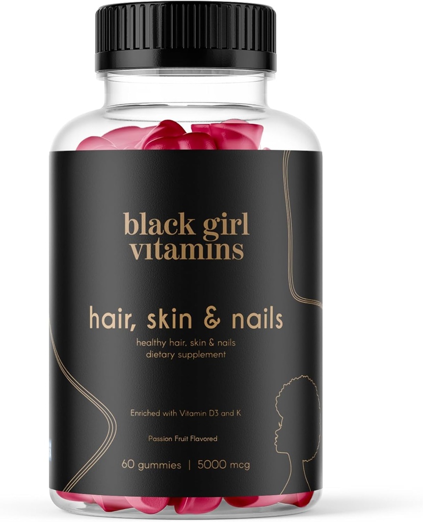 Black Girl Vitamins - Hair, Skin, and Nails Gummies with Biotin (6000 mcg), Zinc, Gelatin Free, Vitamin A, and Vitamin E - Gluten-Free. Made in The USA (Passion Fruit, 60 Count) 30 Day Supply