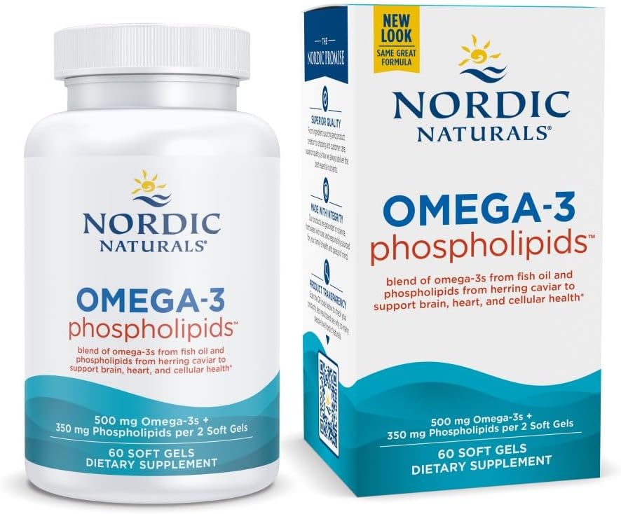 Naturales nórdicos Omega-3 Phospholipids, Desflavorado - 60 Gels blandos - 500 mg Omega-3 &amp; 350 mg Phospholipids - Corazón & Brain Health - Gels blandos pequeños y fáciles de cambiar - No GMO - 30 Serviciones