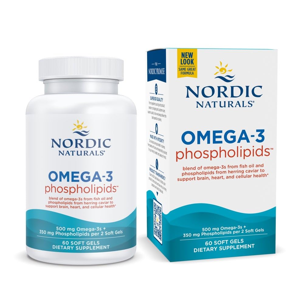 Naturales nórdicos Omega-3 Phospholipids, Desflavorado - 60 Gels blandos - 500 mg Omega-3 &amp; 350 mg Phospholipids - Corazón & Brain Health - Gels blandos pequeños y fáciles de cambiar - No GMO - 30 Serviciones