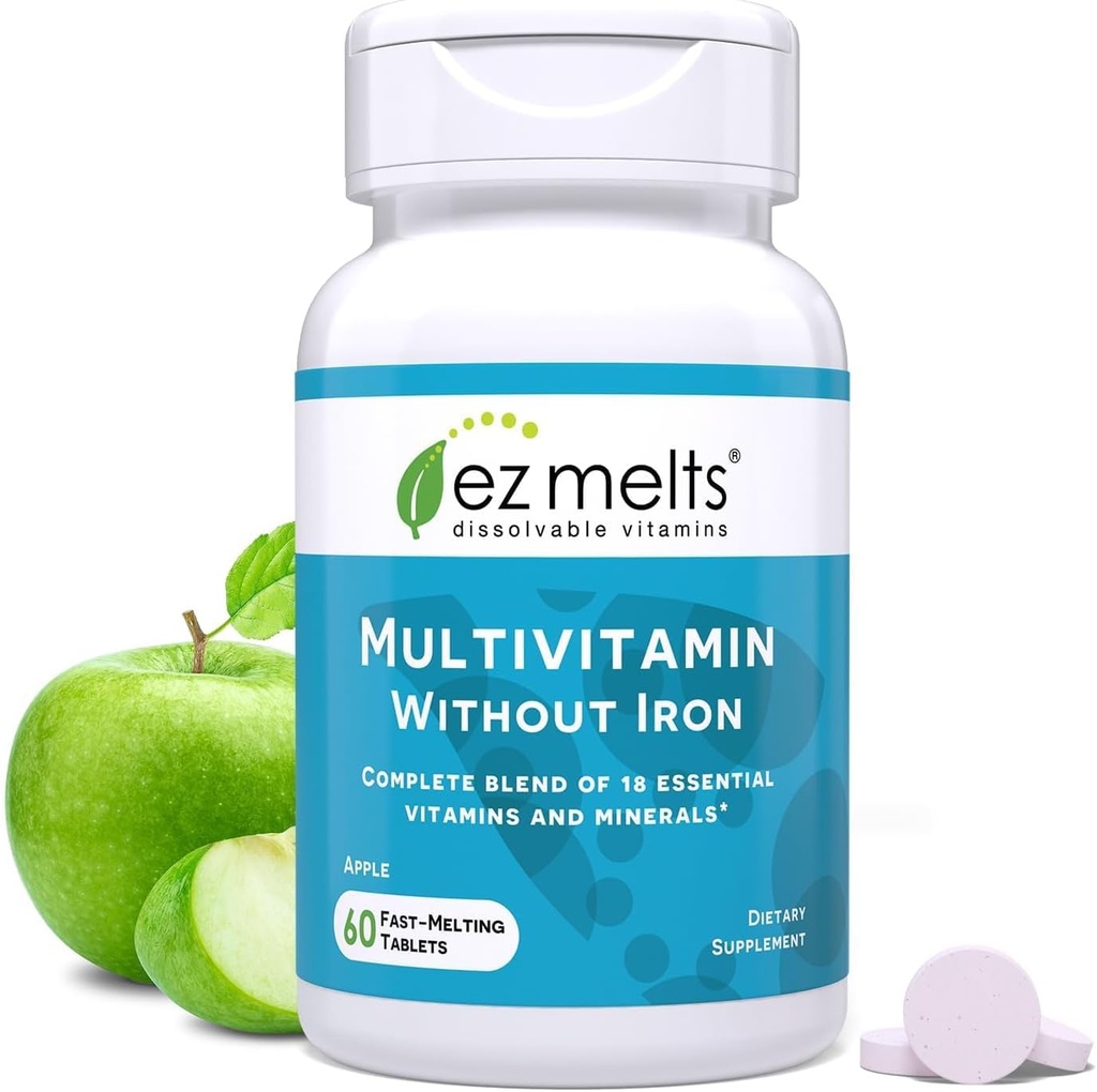 EZ Melts Dissolvable Multivitamin Without Iron, 18 Vitamins & Minerals Including Vitamin A, Biotin, Vitamin B12, Vitamin C, Vitamin D3, Zinc and More, Sugar-Free, 1-Month Supply - 1 Pack