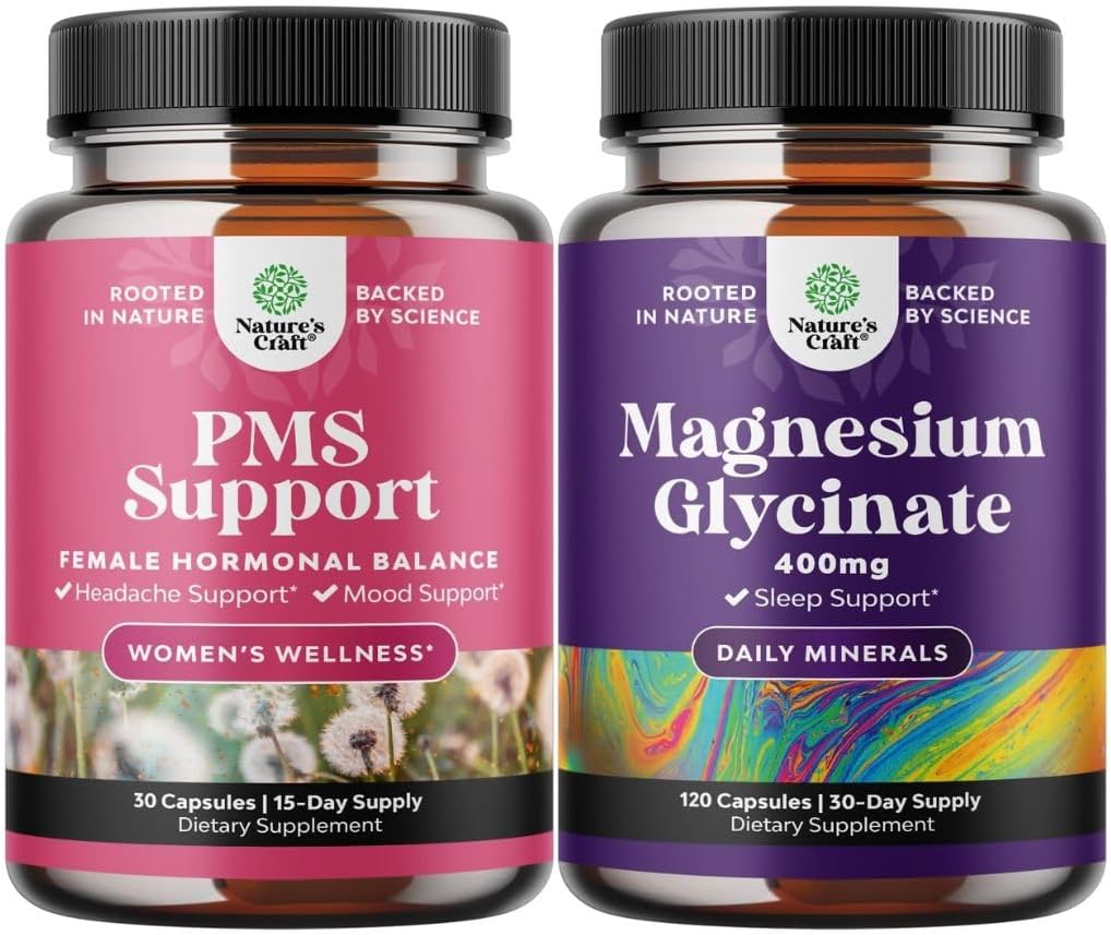 Bundle of Advanced PMS Support Supplement for Women and Pure Magnesium Glycinate 400mg Por Serving for Mood Sleep and Relaxation