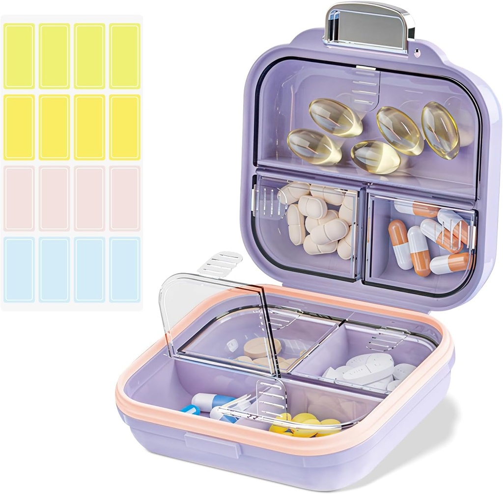 Caja de Organizador de Píldora de Viajes con etiquetas, 7 Compartimientos Caja de Mini Píldora Portátil, Contenedor de Almacenamiento de Medicamentos Diarios (Purple, S)