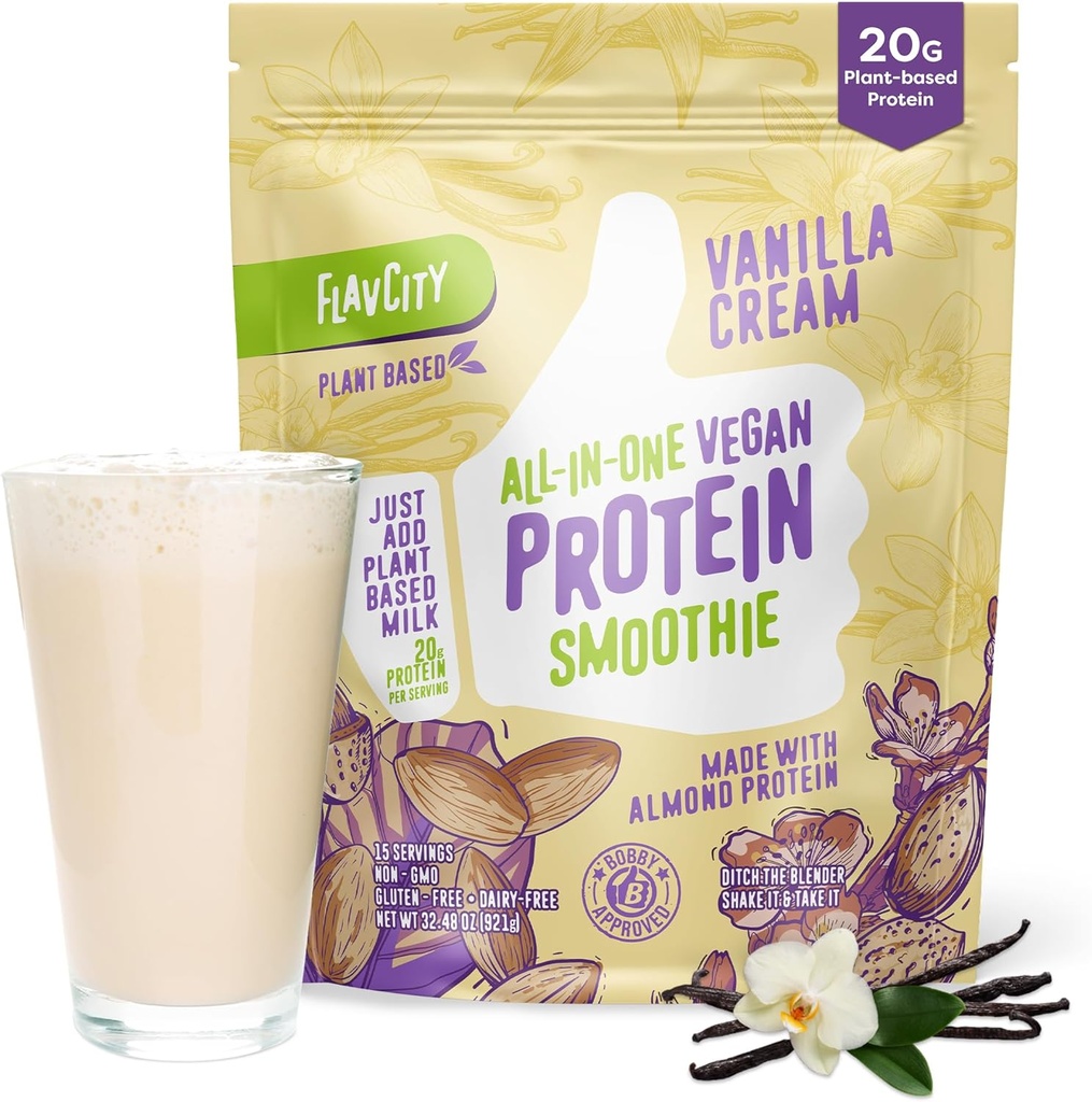 FlavCity All-in-One Vegan Protein Powder Smoothie, Vanilla - Reemplazo de Comida Pre-Workout de base vegetal para Hombres Mujer Hecho con 20g de Almond Protein - Gluten Free &amp; Dairy-Free