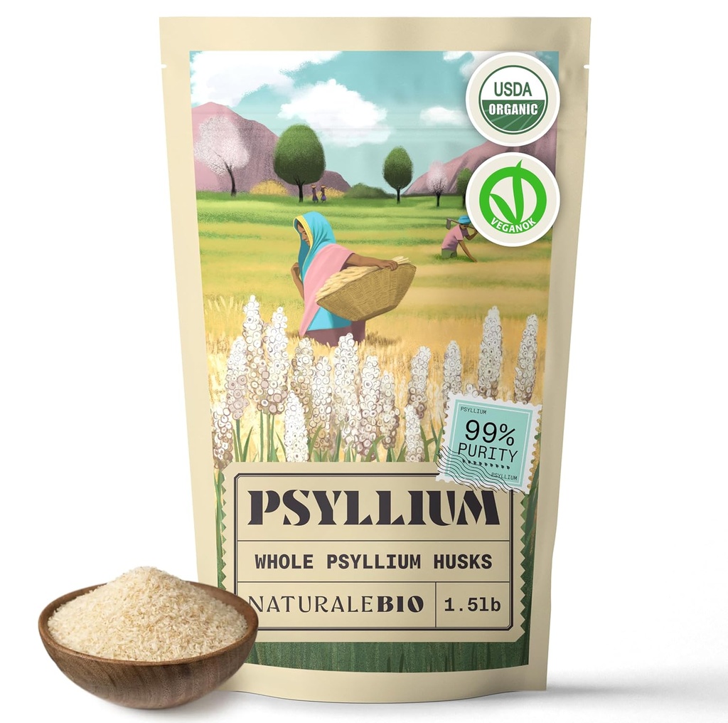 NaturaleBio Husk de Psyllium entero. 1.5lbs. 99% Psyllium puro Husks. Suplemento de fibra natural. USDA Organic Certified. Producido en India. Gratuito, Keto, Paleo, Vegan Diets. Probióticos