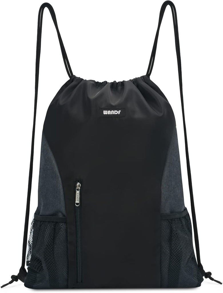 WANDF Drawstring Mochila Deportes Gimnasio Sackpack with Mesh Pockets Water Resistant String Bag for Women Hombre(Black)