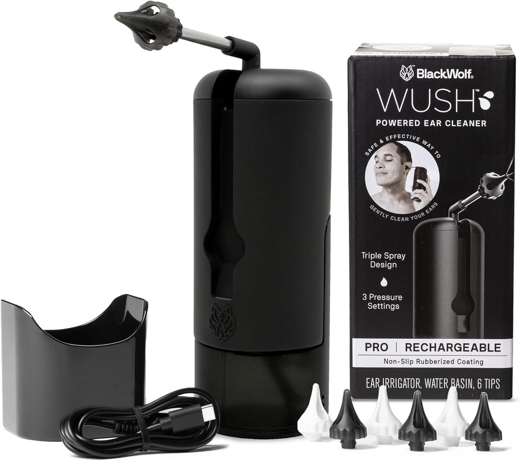 Wush Pro By Black Wolf- Deluxe Water Powered Ear Cleaner- Safe & Effective- Electric Triple Jet Stream 3 Ajustes de presión para la acumulación de cera del oído- Ear Wax Removal Kit- Resistente al agua USB recargable