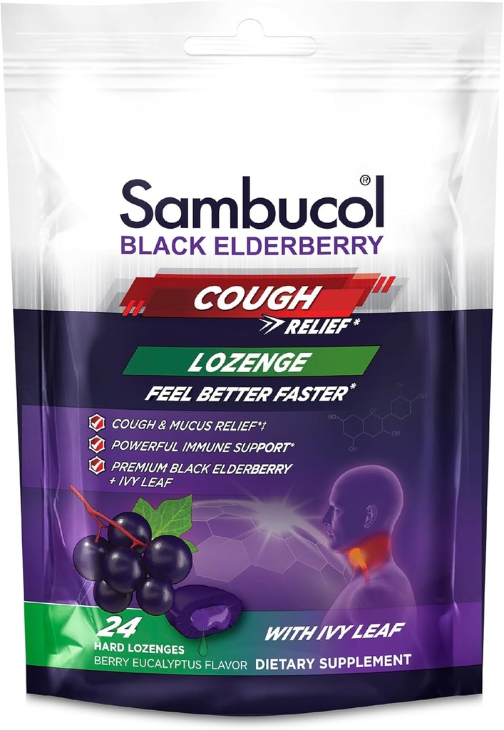 Sambucol Black Elderberry Cough Relief Lozenges - Cough Drops for Adults, Sambucus Elderberry Lozenges, con Ivy Leaf, Cough &amp; Mucus Relief, Immune Support, Berry Eucalyptus - 24 Count, 3 Pack
