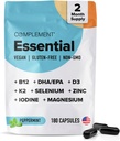 Complement Essential Vegan Multivitamin for Men &amp; Women (60 Servings, 180 Capsules) con Omega-3 DHA &amp; EPA, B12, Vitamina D3 &amp; K2, Zinc, Selenium, Magnesium, Iodine - Supports Immunity &amp; Global Health