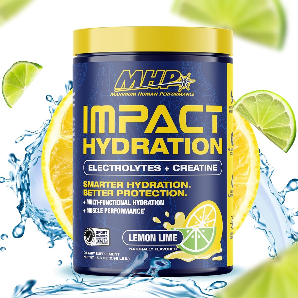 MHP Impact Hydration Electrolyte Creatine Sports Drink Mix, No Artificial Sweeteners or Colors, Performance, Fuerza, Recuperación, Lemon Lime, 30 Servings