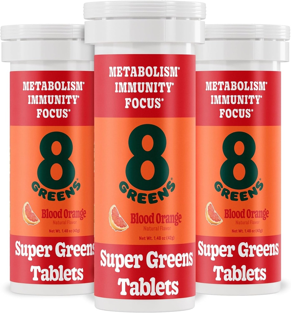 8Greens Supergreens Tablets ← Super Greens Powder Superfood Tablet, Metabolism Immunity & Focus, Daily Greens Effervescent Tablets, Organic: Aloe Vera, Spirulina, Chlorella, Blood Orange, 30 Servings