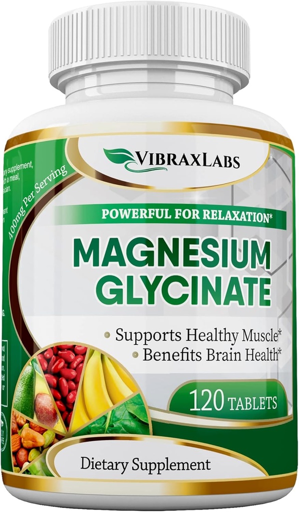 VibraxLabs Magnesium Glycinate Supplement, 400mg, for Men &amp; Women, for Stress, Energy, Muscle Cramps, Joint Support, Chelated, High-Absorption, Non-Laxative, Gluten-Free