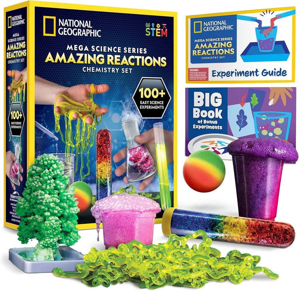 National Geographic Amazing Chemistry Set - Kit de química con 45 experimentos científicos que incluyen el crecimiento y las reacciones de cristal, kit de ciencia para niños, regalo de STEM para niños y niñas (exclusivo)