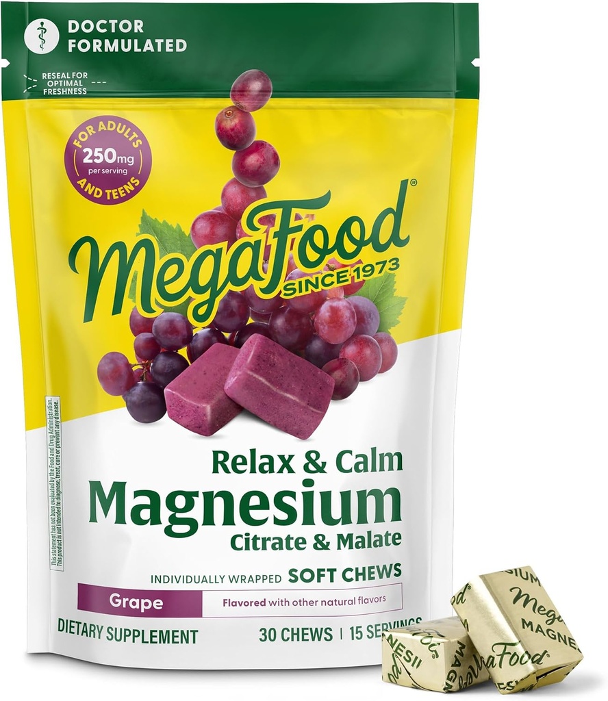 MegaFood Relax + Suplemento de Magnesio Calma - Cerdos suaves con Citrato de Magnesio " Malato para la salud del corazón, tensión muscular " Más - Vegetariano - Grape-Flavor - 30 Chews (15 Servings)