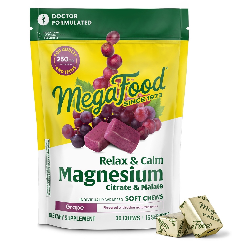 MegaFood Relax + Suplemento de Magnesio Calma - Cerdos suaves con Citrato de Magnesio " Malato para la salud del corazón, tensión muscular " Más - Vegetariano - Grape-Flavor - 30 Chews (15 Servings)