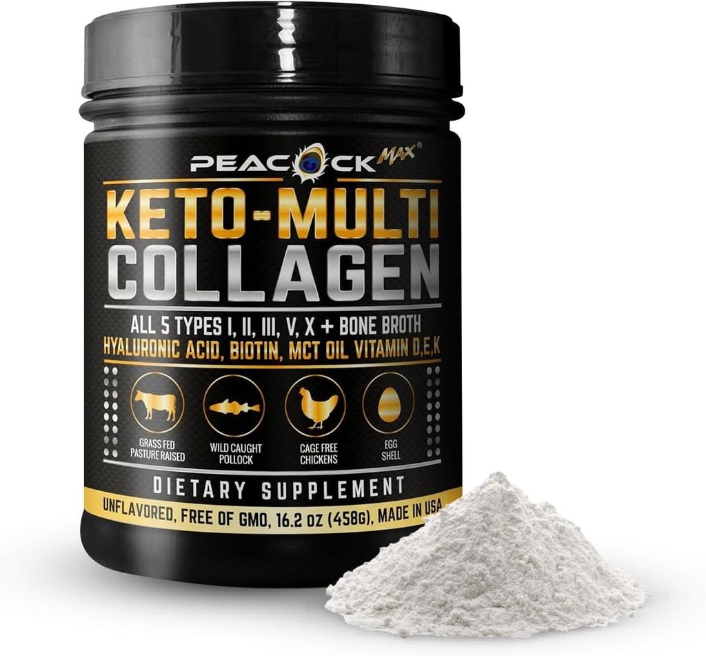 Keto Multi Collagen Peptides 16.2 oz - Bono Broth Protein Powder, con 5 tipos Collagen hidrolizado, MCT Oil & Biotin for Skin, Joints, Hair & Nails, Desflavored Collagen Powder