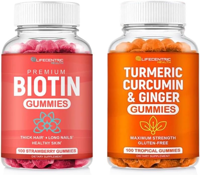 Biotina &amp; Turmeric Vegan Gummies Combo ← Crecimiento del Pelo Max Strength, Salud de la piel y Bienestar general ← 10000mcg Biotin &amp; 95% Normalizado Turmeric Curcumin ← Natural, Non-GMO y Gluten-Free Suplemento