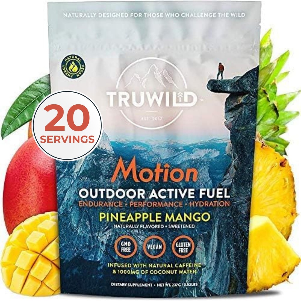 TruWild Motion All Natural Pre Workout Powder Drink Mix for Men & Women with No Jitters or Crash, Whole Food Plant Based Vegan, Organic with Electrolytes + BioPerine, 20 Servings (Pineapple Mango)