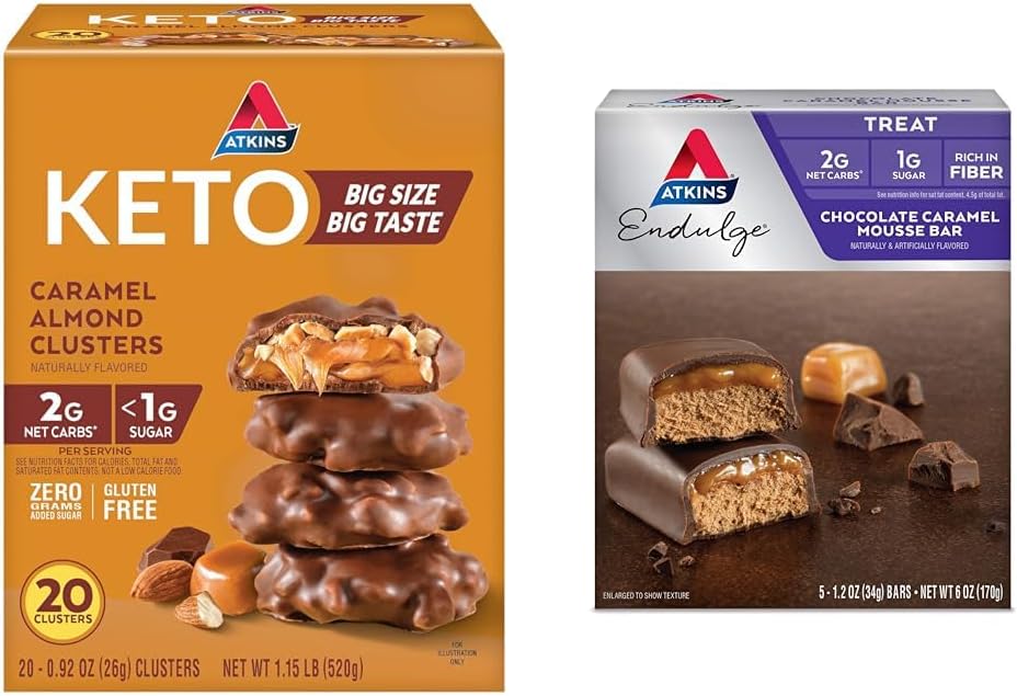Atkins Caramel Almond Clusters, Gluten Free, High in Fiber, 1g Sugar, 2g Net Carb, Keto Friendly, 20 Count & Endulge Chocolate Caramel Mousse Bar, Dessert Favorite, 1g Sugar, High in Fiber, 5 Count