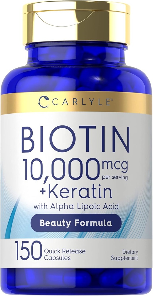 Carlyle Biotin 10000mcg ← 150 Capsules ← Belleza Fórmula con Keratin ← No GMO, Gluten Suplemento Gratis