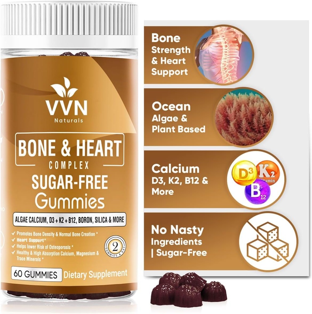 Gaviota de Calcio Gummies K2 Suplemento de vitamina con MK-7 &amp; Vitamina D3, Magnesio & 13 Trace Minerals, Apoyo a la Densidad de los Huesos Silencio Planta Basada en B12 - Bone & Heart Complex, 60 ct.