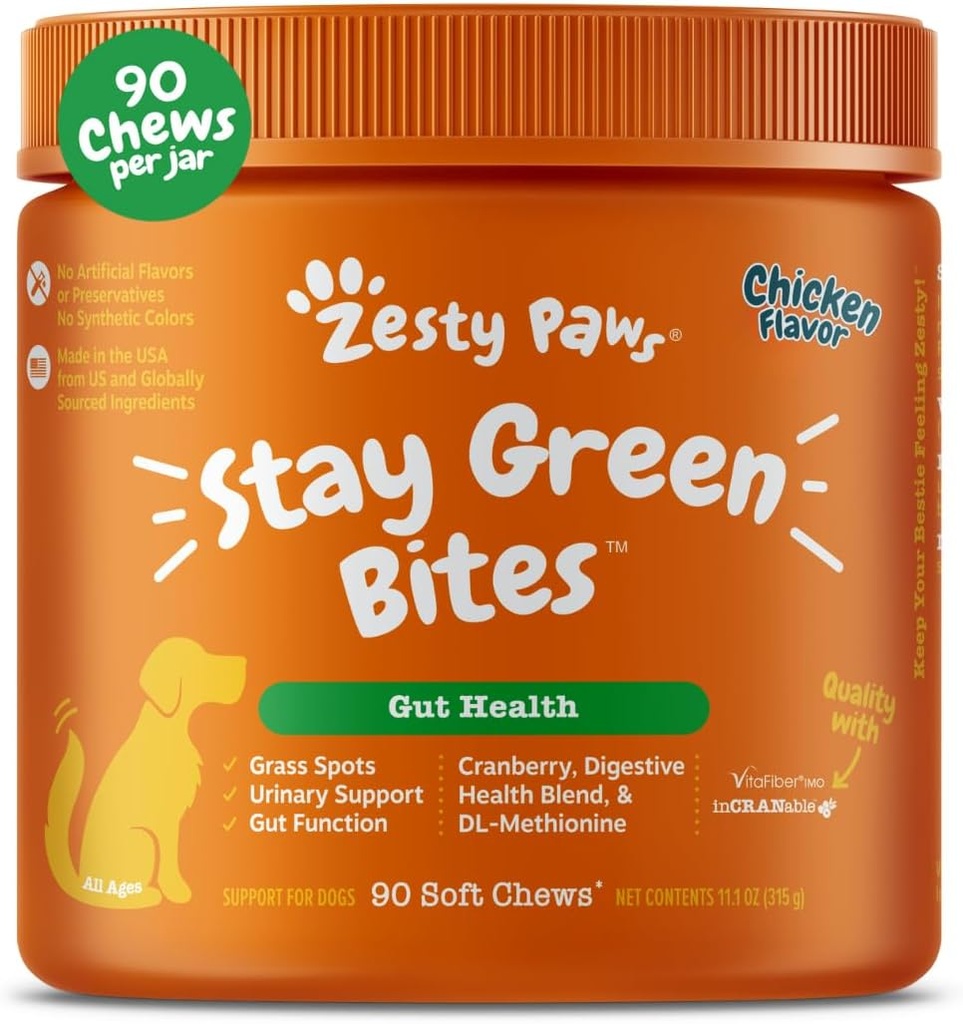 Zesty Paws Permanezcan Bites Verdes para Perros - Grass Burn Soft Chews for Lawn Spots Caused by Dog Urine - with Cranberry for Urinary Tract & Bladder - Chicken - 90 Count