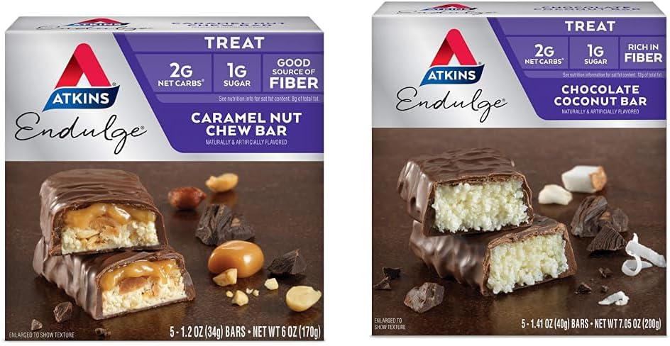 Atkins Endulge Caramel Nut Chew & Chocolate Coconut Bares, 1g Sugar, 5 Condes