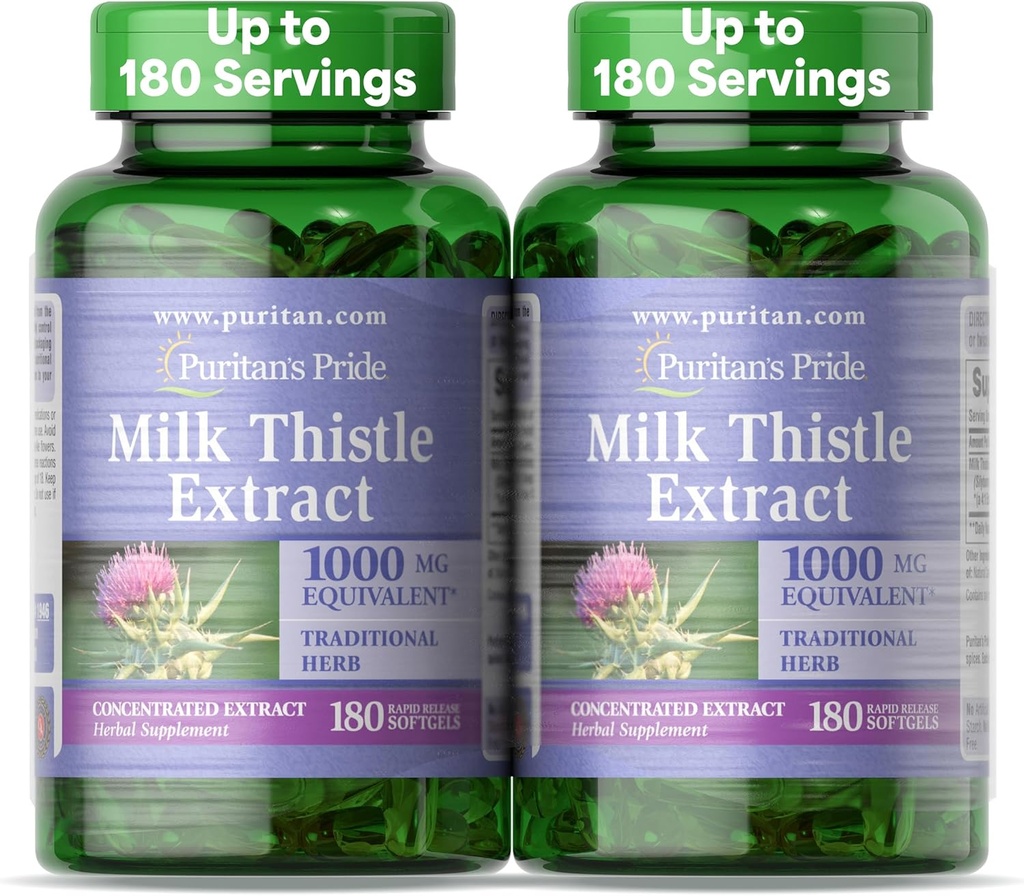 Puritan's Pride Milk Thistle Silymarin 4:1 Concentration Extract 200mg (1000 Mg Equivalent) Suplemento dietético para el soporte del hígado, 6 meses de suministro, 180 Conteo 2-Pack