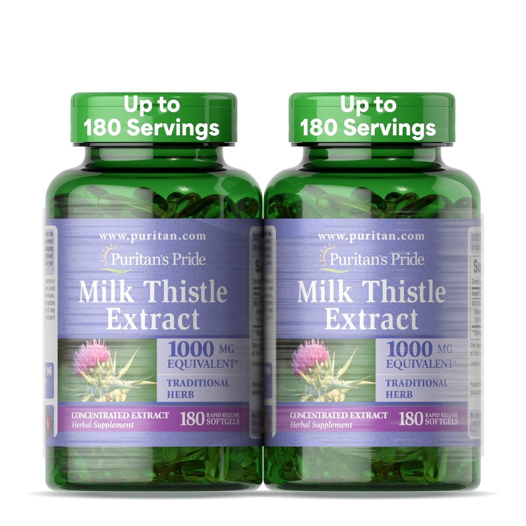 Puritan's Pride Milk Thistle Silymarin 4:1 Concentration Extract 200mg (1000 Mg Equivalent) Suplemento dietético para el soporte del hígado, 6 meses de suministro, 180 Conteo 2-Pack