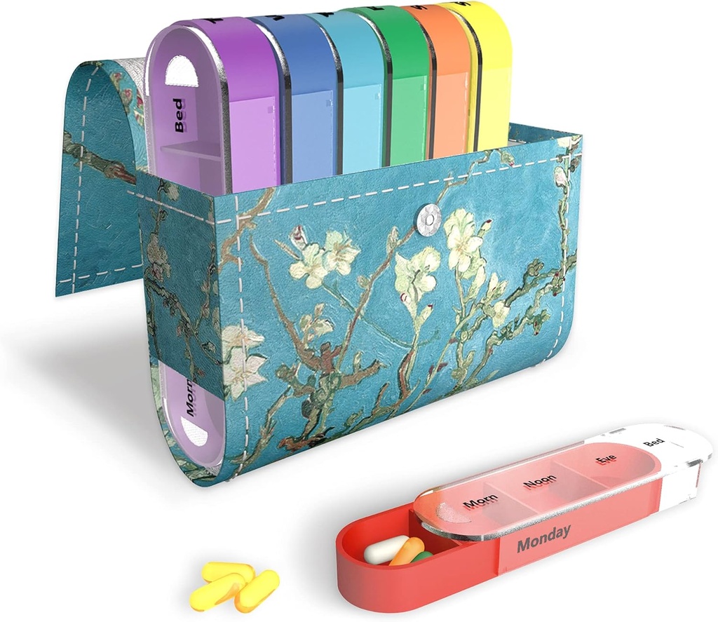 Pill Organizer,LIZIMANDU Weekly Travel Pill Case Box Medication Reminder Daily AM PM, Day Night 7 Compartments,for 4 Times A Day, 7 Days a Week-Includes Leather PU Carrying Case(Peach Blossom)