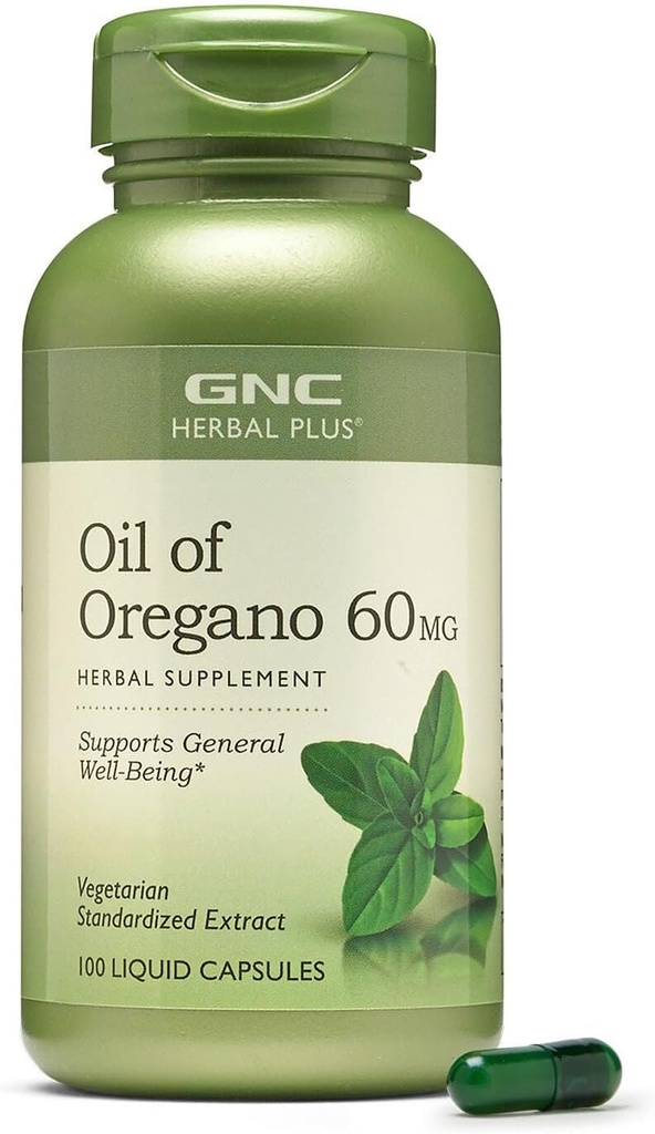 GNC Herbal Plus Oil of Oregano 60mg Suplemento, Vegetariano, apoya el bienestar general, 100 servicios