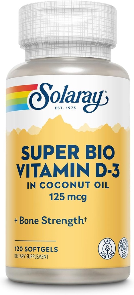 SOLARAY Super Bio Vitamina D3 en aceite de coco - D3 Vitamina 5000 UI - Suplemento de Ayuda de Hueso e Inmune - Laboratorio Verificado, Made Wtihout Soy, Garantía de 60 días - 120 Softgels, 120 Servimientos