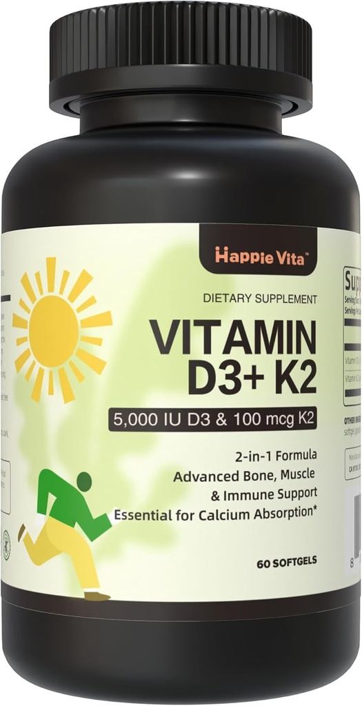 Vitamina D3 K2, Vitamina D3 5000 UI (125 mcg) + Vitamina K2 100 mcg, 2 en 1 D3 y K2 Suplementos para Bone, Dientes, Muscle y Apoyo a la Salud Inmunitaria, 60 Softgels