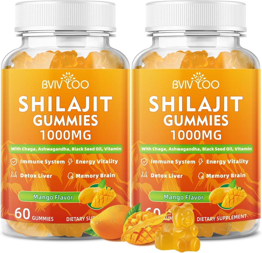 2 Packs Shilajit Gummies 1000mg Sugar Gratis - Shilajit Supplement for Men &amp; Women - High in 85+ Trace Minerals & Fulvic Acid - Energy, Brain, Immunity - 120 Gummies