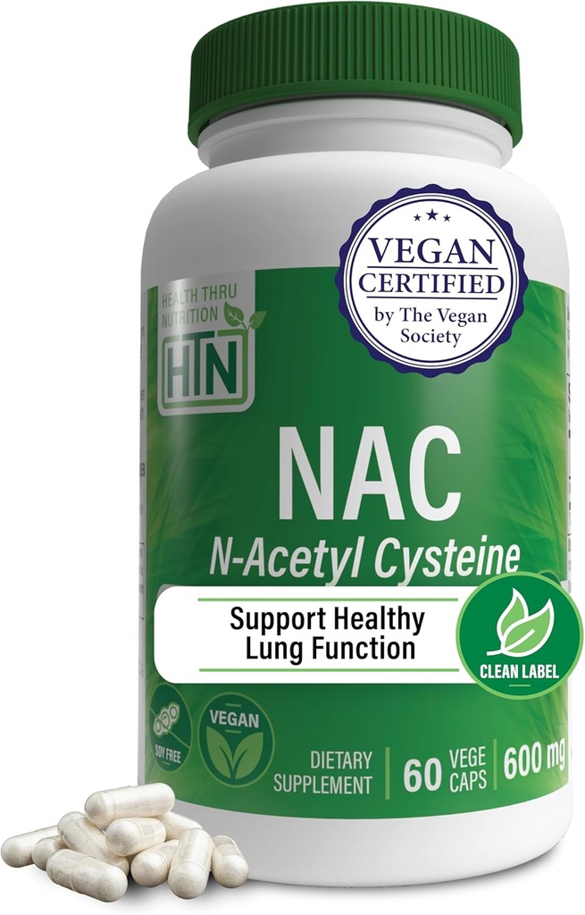 Health Thru Nutrition NAC N-Acetyl-Cysteine 600mg 60 Capsules  Vegan Certified ← Purest NAC Supplement  Support Healthy Lung, Liver Functions " Cellular Health ← Non-GMO Soy " Gluten Free