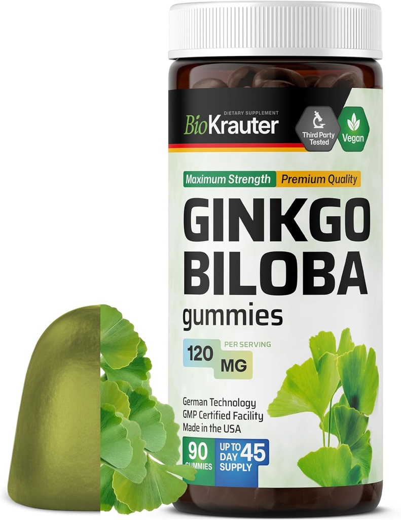 BIO KRAUTER Ginkgo Biloba Gummies - 90 Chews veganos - Ginkgo Biloba Suplementos para soporte cerebral - 120 mg Standardized Extract - Pectin-Based Formula