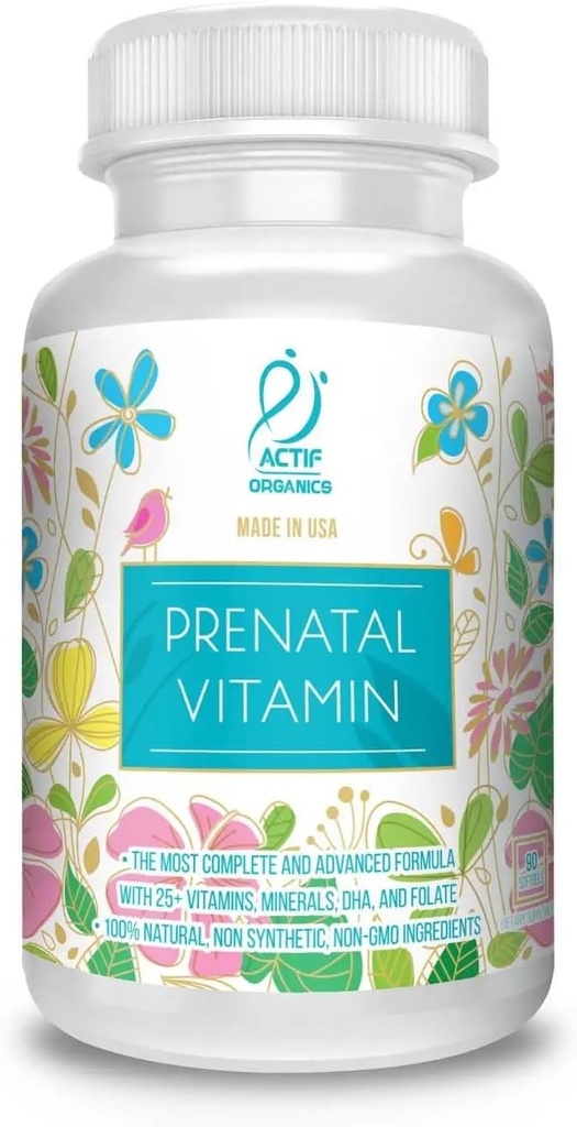 ACTIF Vitamina Prenatal Orgánica con 30+ Vitaminas Orgánicas, 100% Natural, DHA, EPA, Omega 3 y Orgánica Herbal Blend - Non-GMO, 45 Servimientos