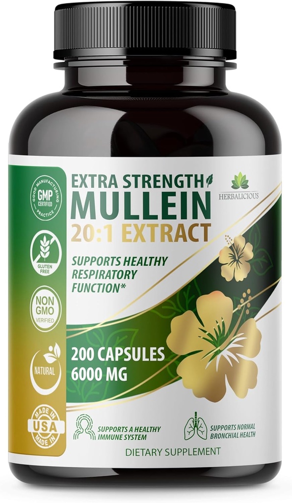 HERBALICIOUS Mullein Leaf Extract Verbascum Thapsus 20:1-200 Capsules - Natural Lung Detox Herbal Suplemento - Admite la salud respiratoria &amp; Immune, Lung Cleanse
