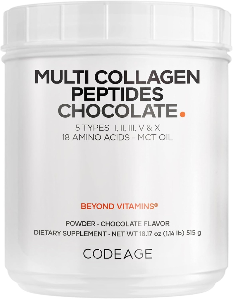Codeage Multi Collagen Chocolate Protein Powder - Hydrolyzed Bovine Collagen Peptides, 5 Collagen Types & MCT Oil - Collagen Creamer, Chocolate Collagen Peptides - Protein Shakes - Non-GMO - 18.17 oz