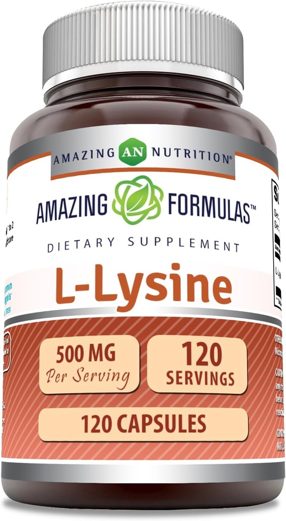 Fórmulas increíbles L-Lysine 500 mg Capsules Aminoácidos Suplemento TENIDO No-OMG TENIDO Gluten Gratis TENIDO EN USA (120 Conde)